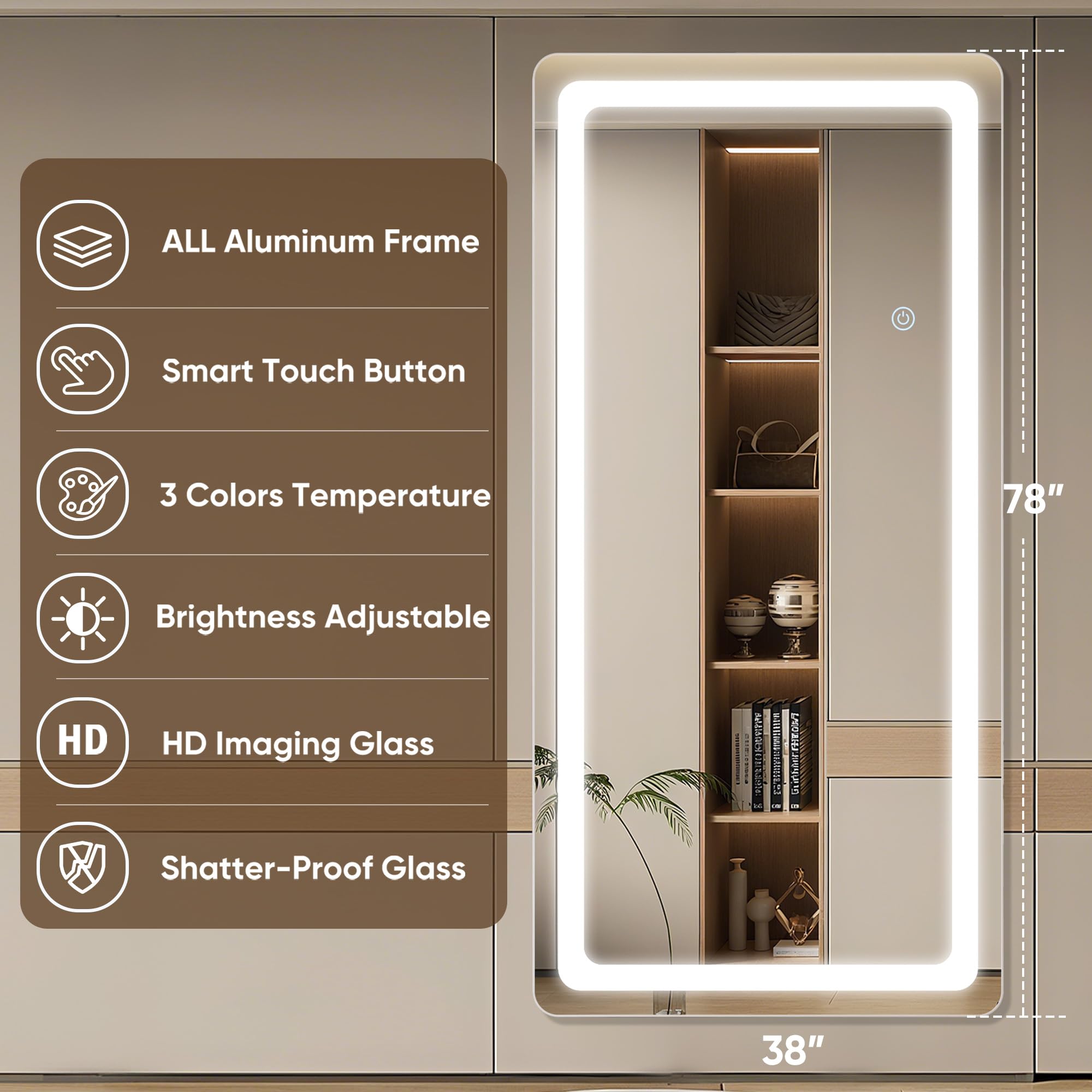 Antok LED Full Length Mirror with Light, 71"x28" Lighted Full Body Mirror with Stand, Dimmable & 3 Color Lighting Standing/Leaning/Wall Mounted Vanity Mirror for Bedroom Cloakroom Livingroom(Rect): 78"L x 38"W Rect Style White