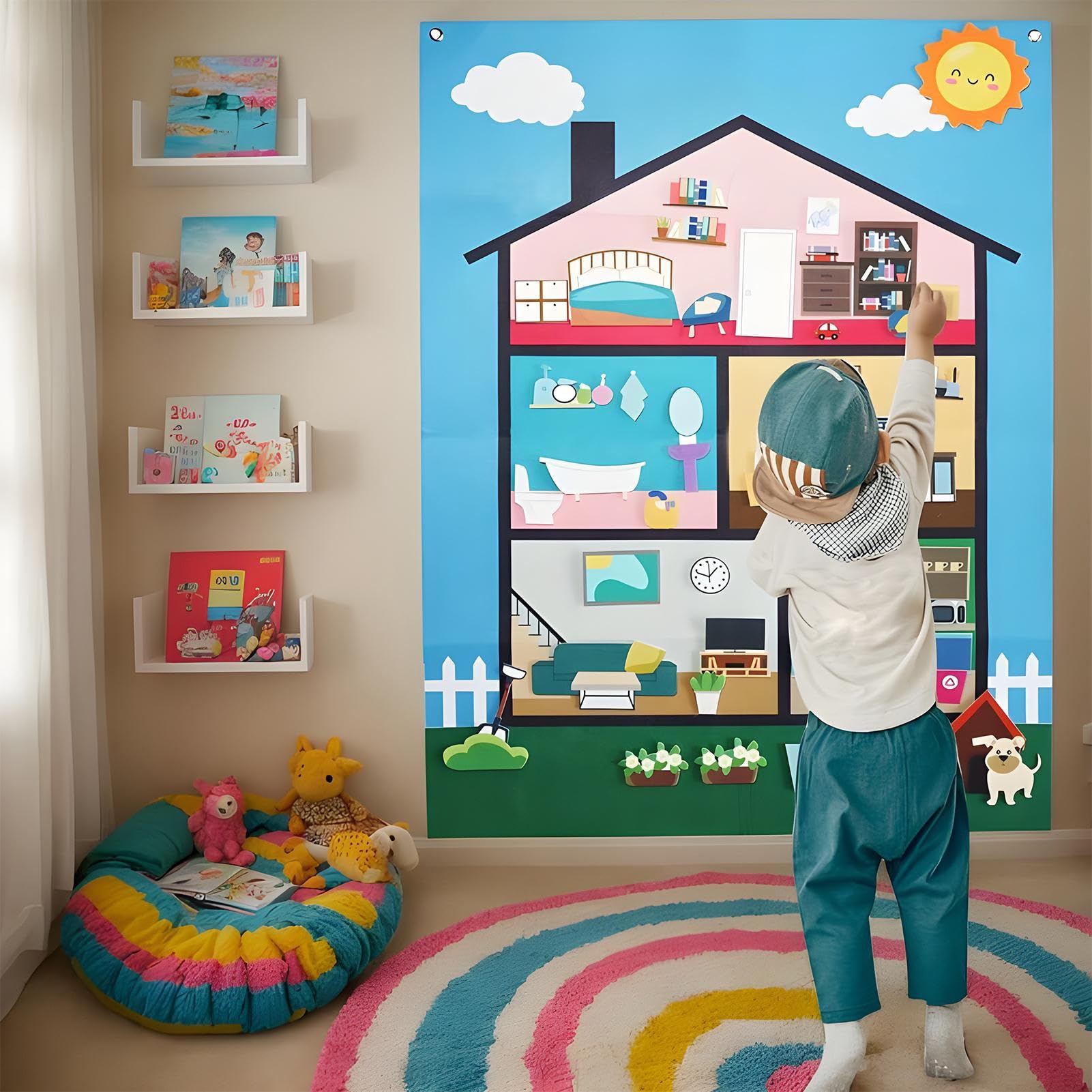 Genérico Panel Fieltro Infantil 36 Piezas Adhesivas Reutilizables Juego Sensorial Educativo Decoración Habitación Aula Preescolar Guardería Niños 3 Años 104x75cm