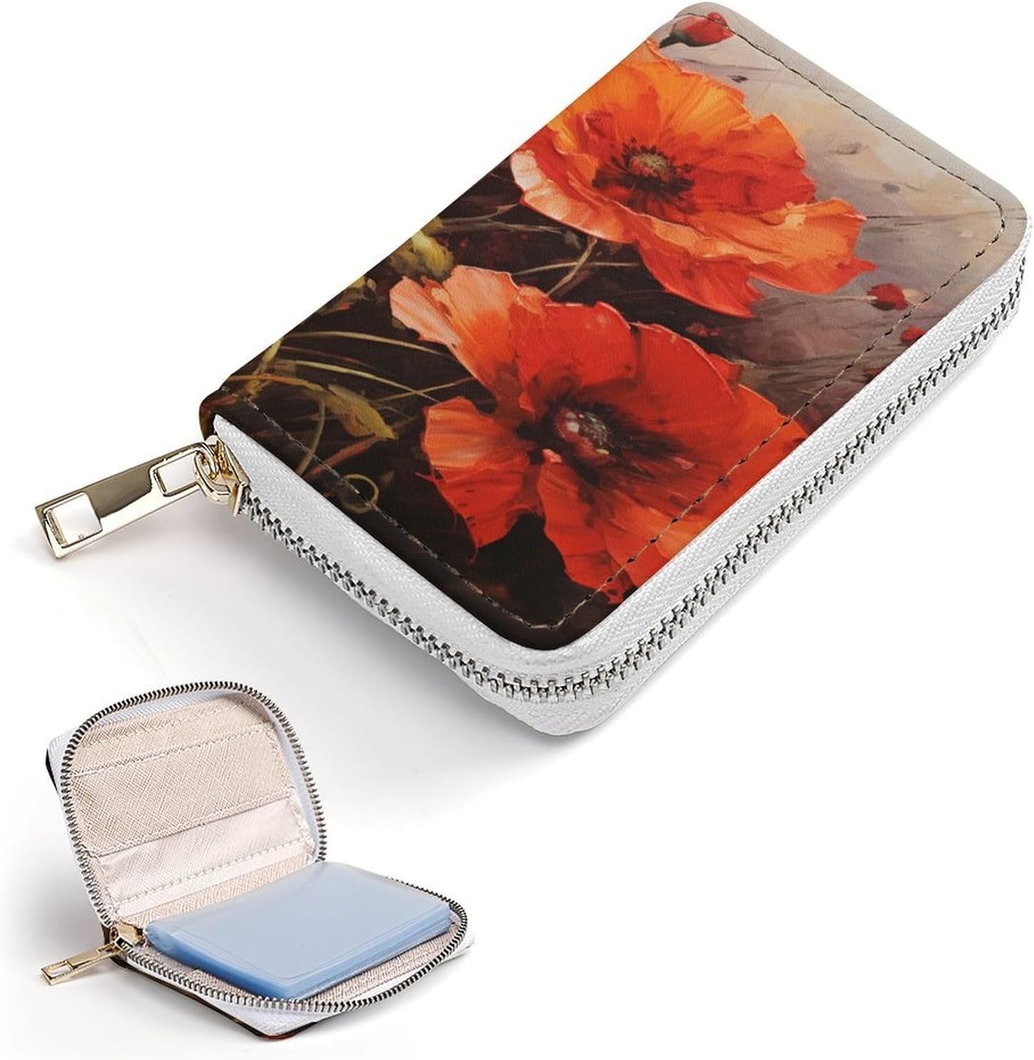Leather Card Organizer Case Card Wallet Credit Card Holder Oil Painting Red Flower Printed Zipper Card Cases Holder for Women Men