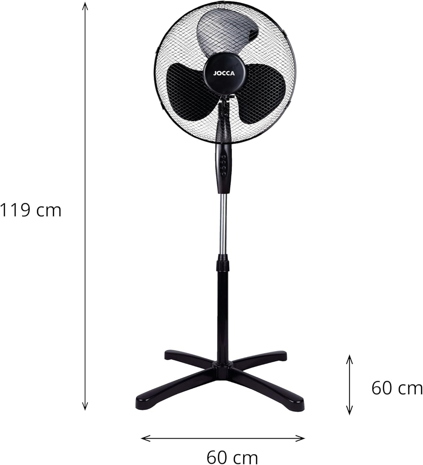 Full view of the Jocca pedestal fan with dimensions indicated: 119 cm height, 60 cm base width, and 60 cm base depth.
