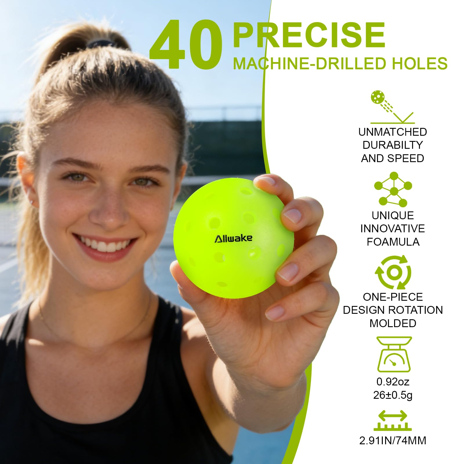 Pickleball-Bälle, rissfest, 40 Löcher, hohe Sprungkraft, perfekt ausbalanciert, langlebige Pickleballs für drinnen und draußen, 3 Stück