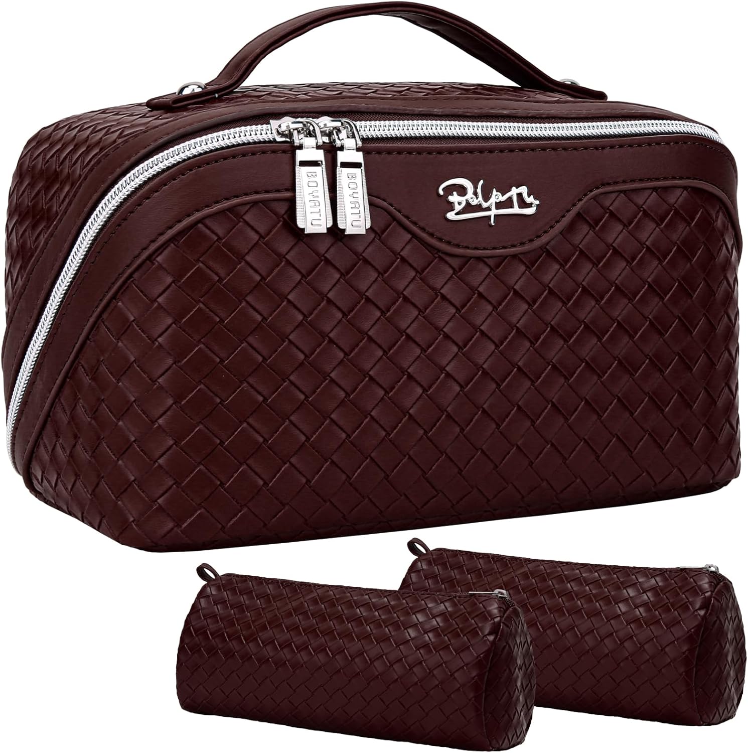 BOYATU Travel Makeup Bag Cosmetic Bags for Women: Large Capacity 3 Pcs Set Make up Bag with Compartments - Waterproof Vegan Leather Toiletry Organizer Bags with Handle (L14 Wine red)