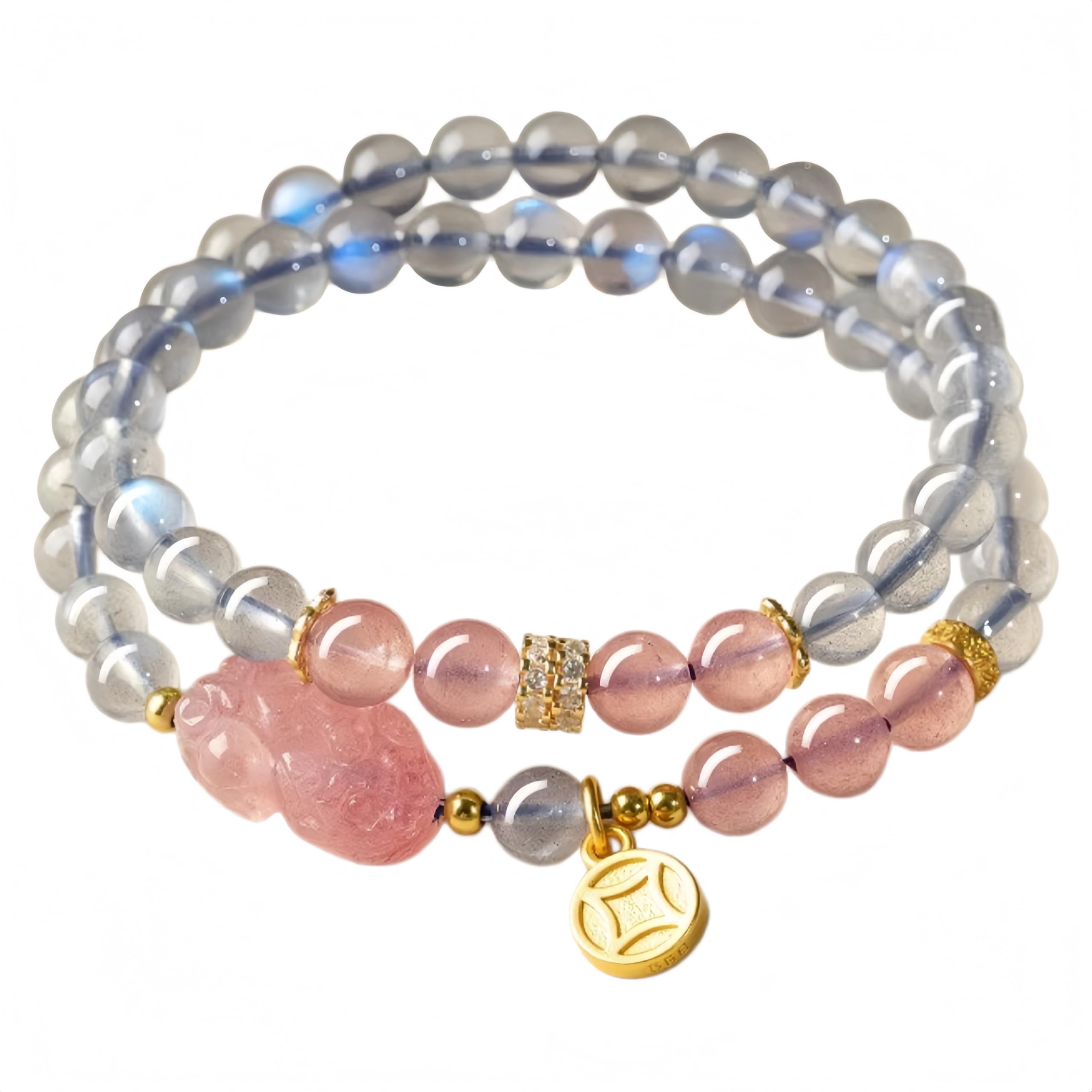 Braccialetto Naturale Bracciale A Doppio Filo Pixiu Con Pietra Di Luna Blu E Quarzo Rosa Da 6mm