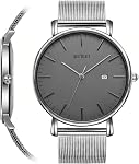 BUREI Ultra Thin Minimalist Men Watch,Analog Waterproof Casual Business Wristwatch，Brown Black Leather Watches