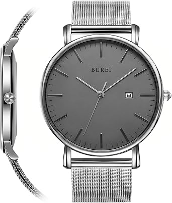 BUREI Ultra Thin Minimalist Men Watch, All Black Stainless Steel Mesh Band,Analog Waterproof Casual Business Wristwatch, Gift for Father