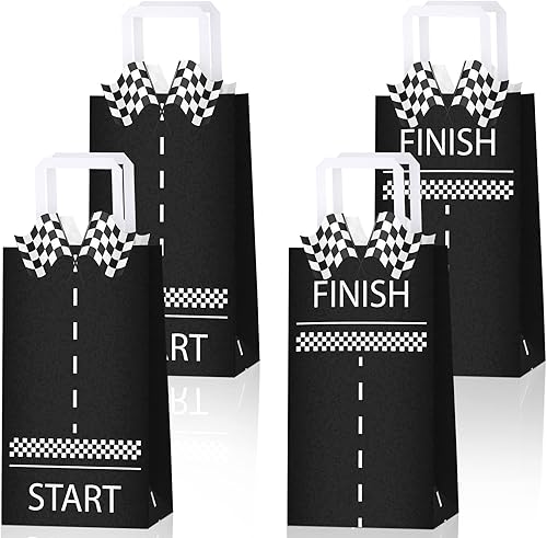Leinuosen 16 bolsas de regalos para autos de carreras a granel a cuadros con asas, bandera de carreras a cuadros en blanco y negro para suministros
