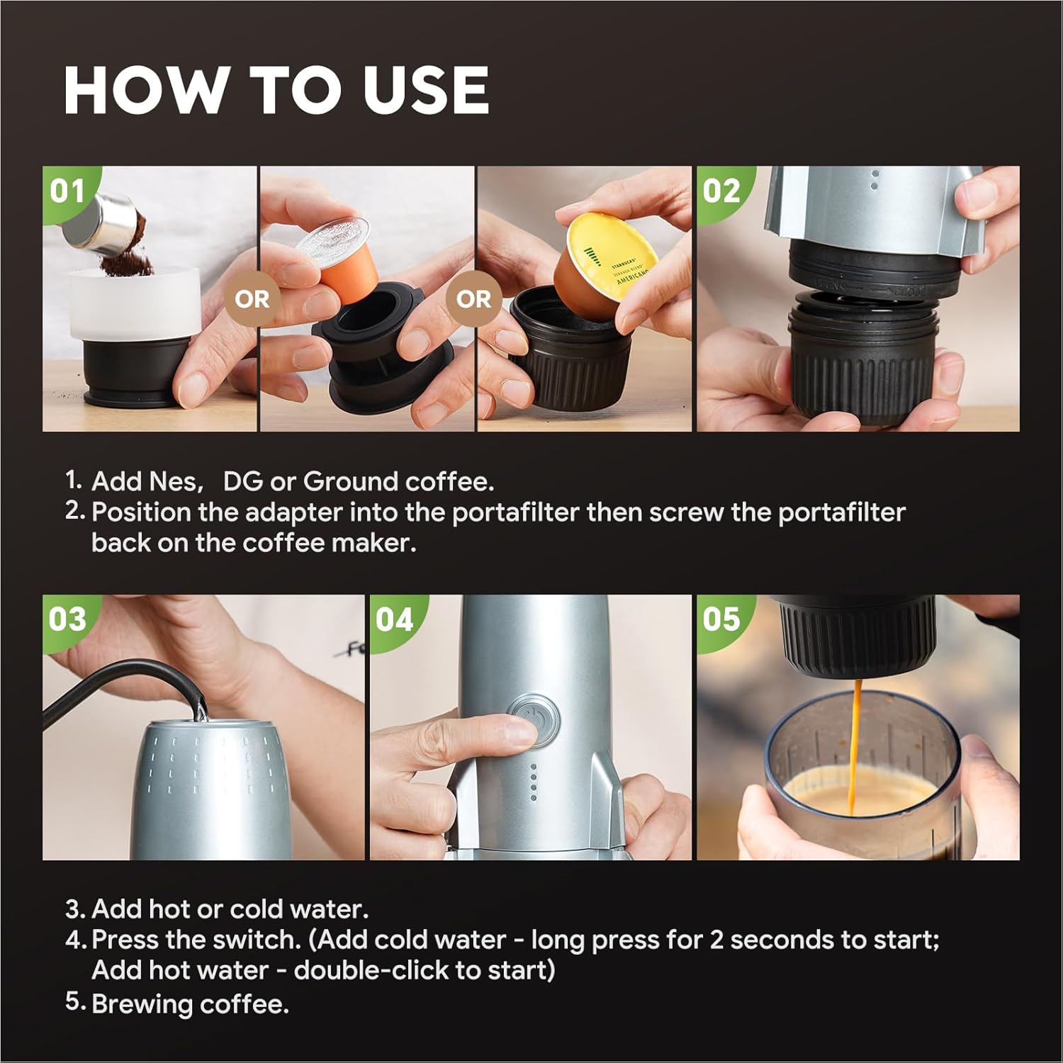 3 in 1 Portable Electric Espresso Machine On the Go with Detachable Coffee Stand, Car Coffee Maker Self-Heating with USB-C, For Travel Camping and Hiking With Ground Coffee & NES PRES*O/DG Pod