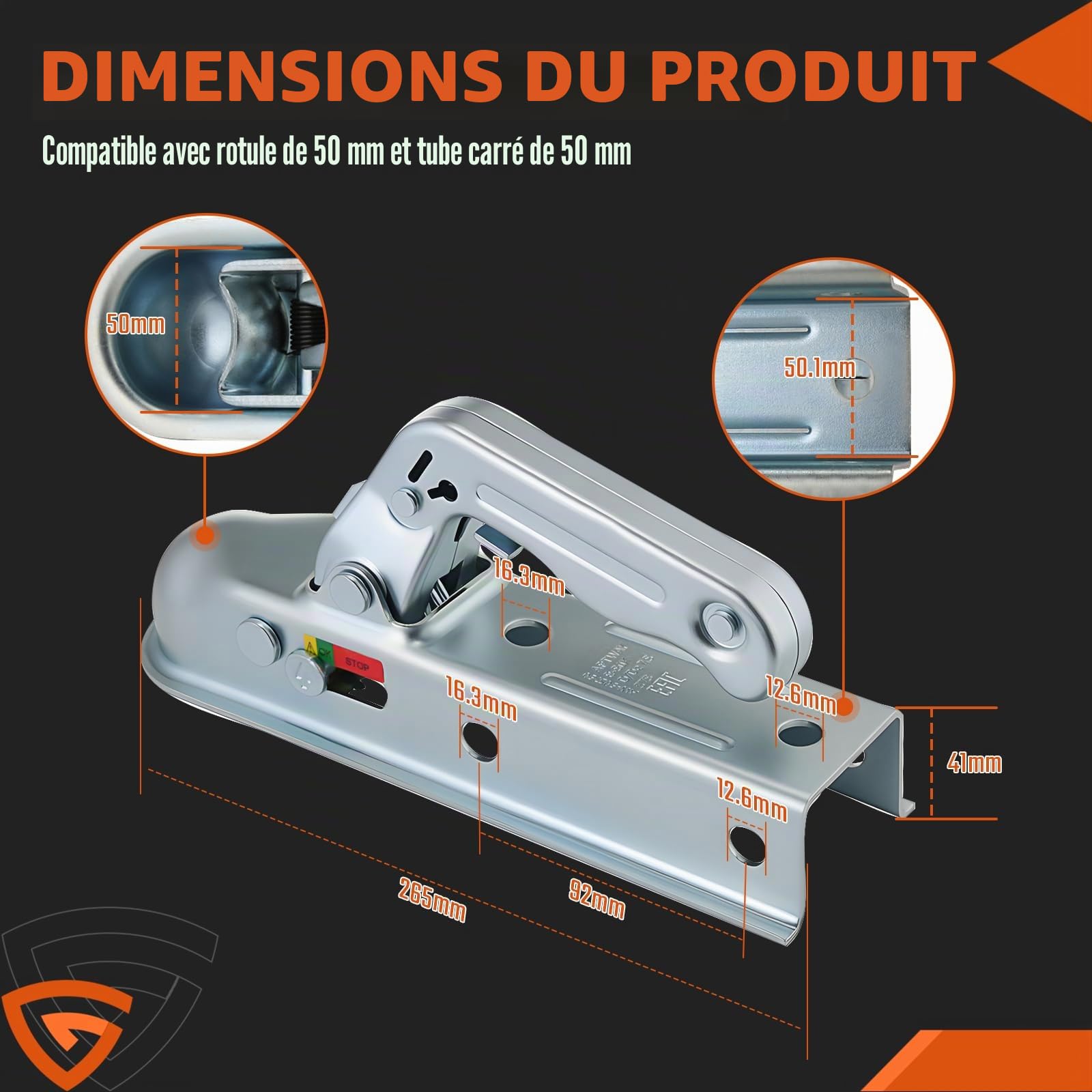 GEARMONSTER Attache de remorque 800 kg, tête d'attelage carrée, 50 mm, boule universelle, attelage de remorque WW8-G