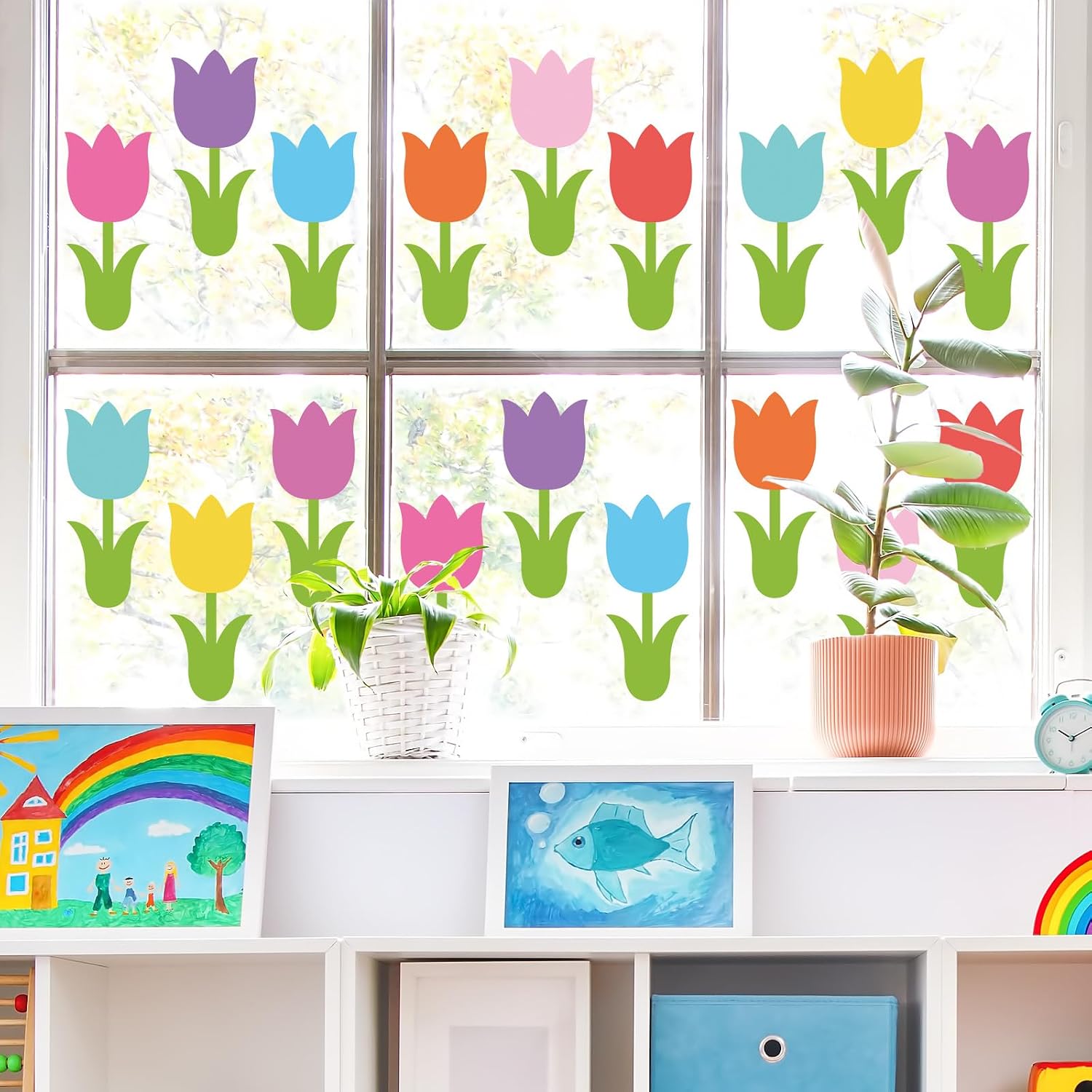 FYSUIMU Spring Tulip Floral Cutouts Colorful Flower Leaves Shape Cut-Outs Cardboard Paper Cutting with 100 Pcs Glue Points for DIY Crafts Classroom Bulletin Board Decoration, 45 Pcs