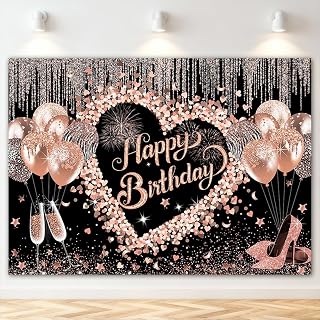 Mocsicka Rose Gold Glitter Happy Birthday Backdrop for Women Girls 7x5ft
