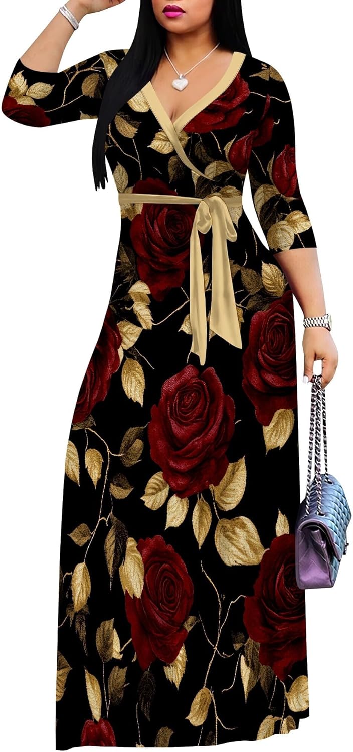 Women's Maxi Dress 3/4 Sleeve Wrap Casual V Neck Floral Print with Belt - Image 2