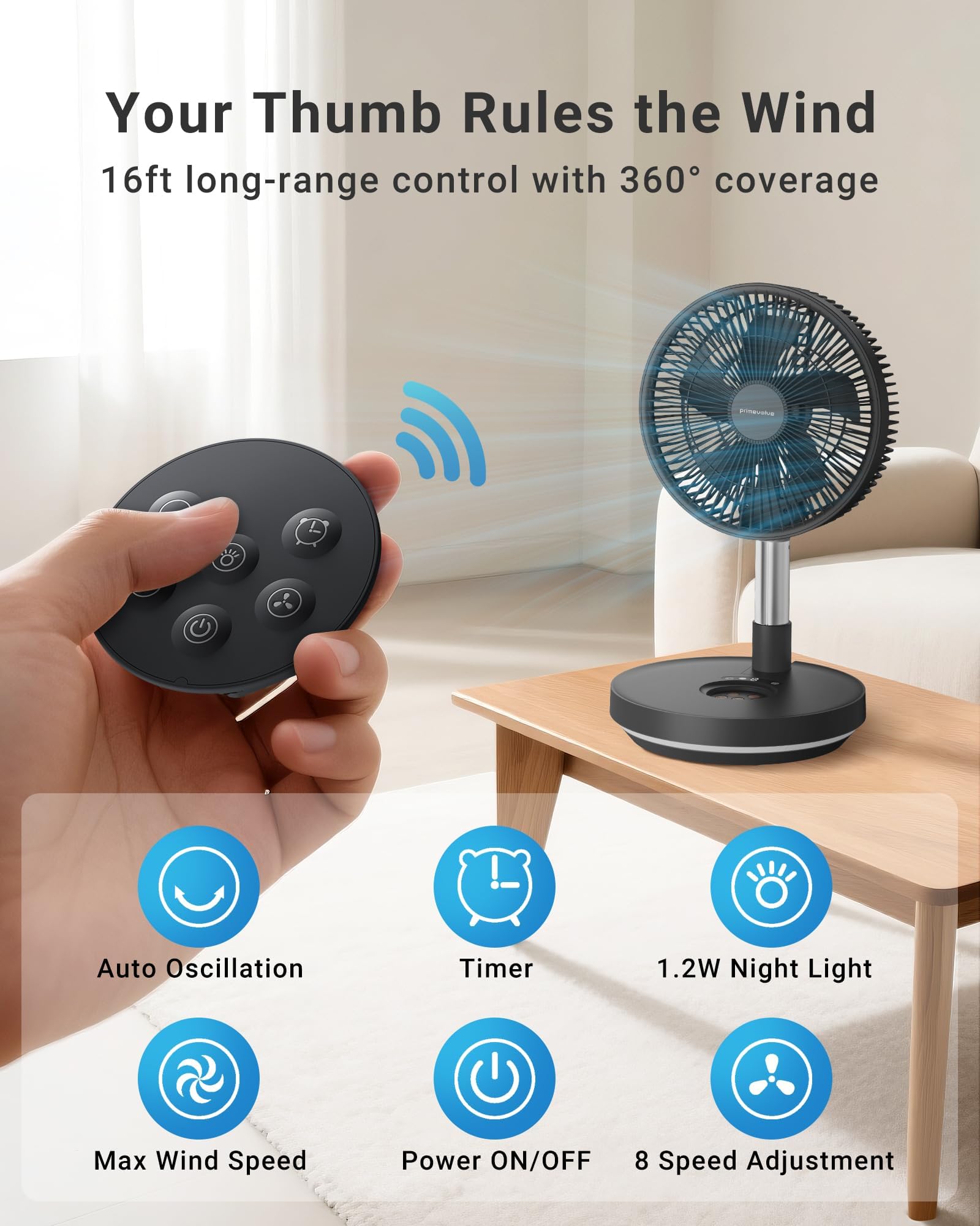 Tragbarer, oszillierender Ventilator, 10.000 mAh, wiederaufladbarer Akku mit Timer, 25,4 cm | Faltbar, 8 Geschwindigkeitsstufen, Fernbedienung, LED-Licht, für Zuhause, Schlafzimmer, Outdoor, Camping, Reisen, Dunkelgrau