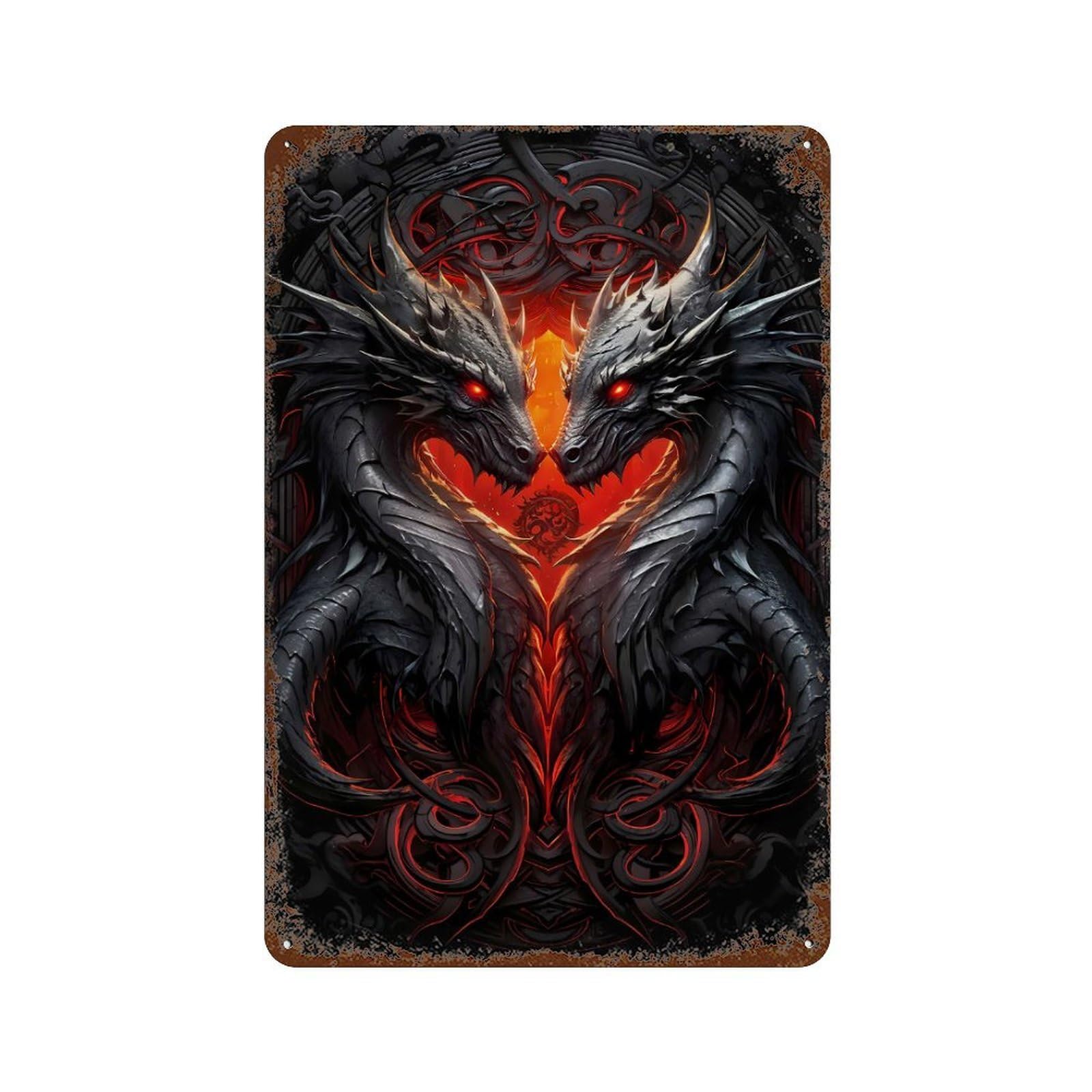 Twin Devil Dragon Rusty Metal Tin Sign 11.8"x7.9", Vintage Wall Decor for Garage, Pub Or Kitchen