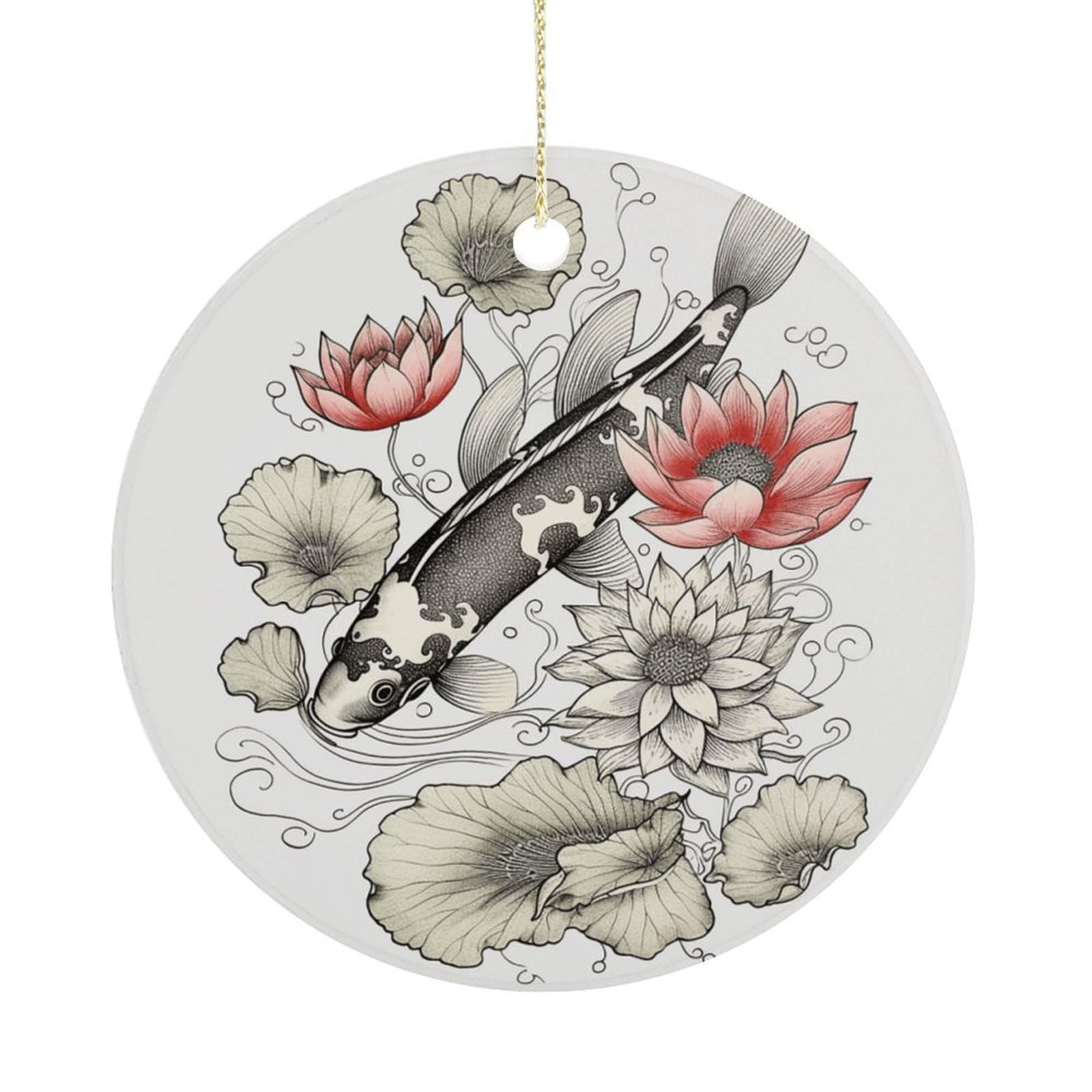 Fish Japanese Carp Lotus Leaves Flower Christmas Ornament,Round Ceramic Ornaments Personalized Christmas Tree Ornament for Holiday Porcelain Keepsake Gifts Ideas Home Decor