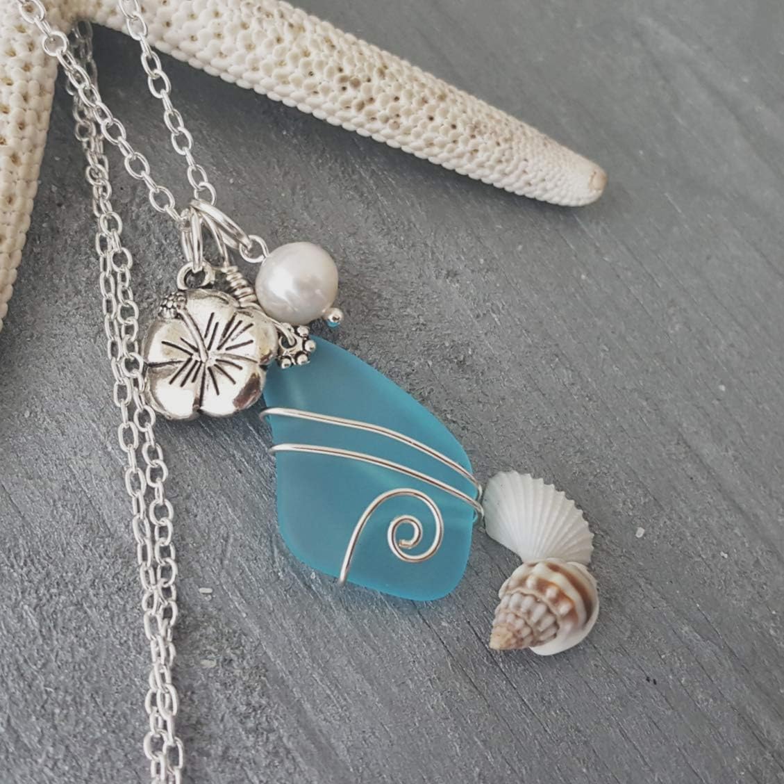 yinahawaii Handmade Sea Glass Necklace, Hawaiian Jewelry For Women, Wire Turquoise Bay Blue Necklace Hibiscus Pearl Necklace, Beach Jewelry Birthday Gift (December Birthstone) (Non-Personalized)