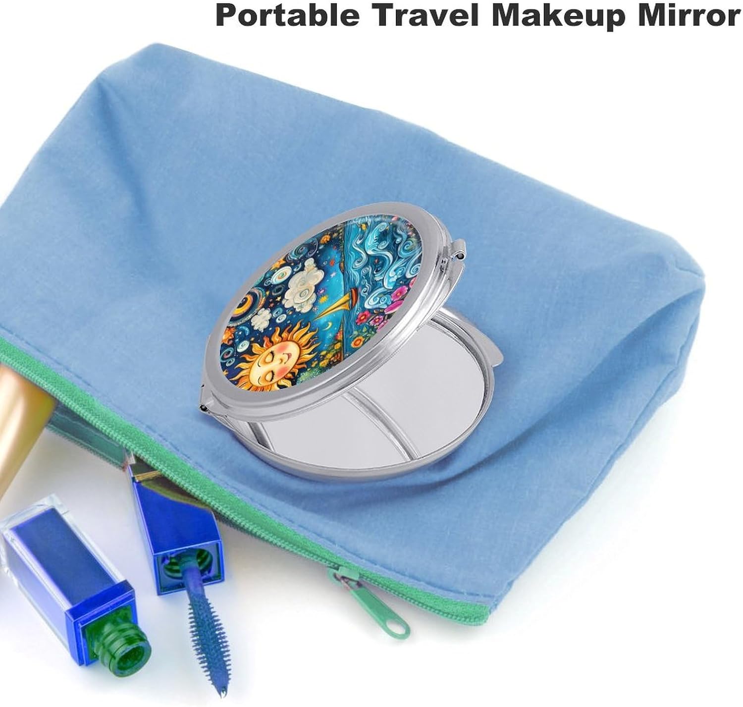 Sun and Moon Face Compact Makeup Mirror Mini Foldable Cosmetic Mirror Portable Travel Mirror for Purse Pocket