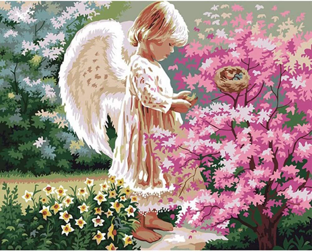 ABEUTY DIY Paint by Numbers for Adults Beginner - Angel Girl & Flowers Tree Bird Garden 16x20 inches Number Painting Anti Stress Toys (No Frame)