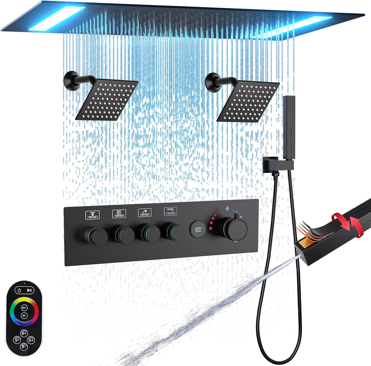Enga Shower Faucets Set with Dual 6 Inch Showerheads, Thermostatic Shower System with Temperature Display, 20x14 Inch LED Rainfall Shower Head, 2 Modes Handheld Sprayer, Matte Black