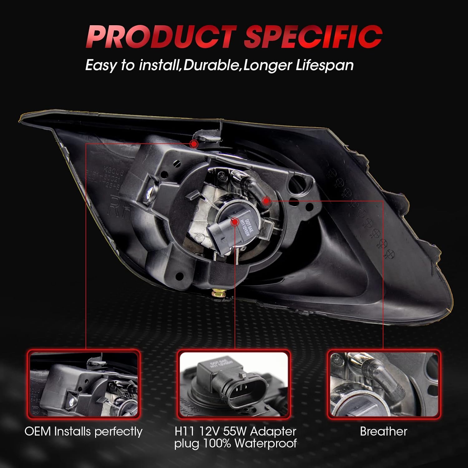 Fog Light Assembly Replacement For 2014-2016 MAZDA 3 With H11 12V 55W Halogen Bulbs​(Clear Lens)