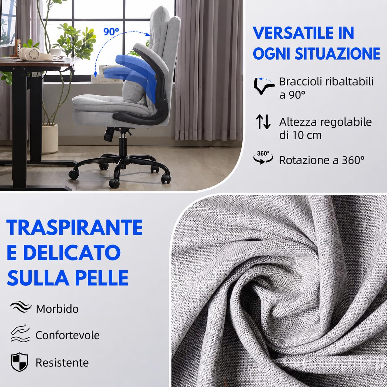 Sedia da ufficio ergonomica, in tessuto traspirante e schienale alto, regolabile in altezza e funzione basculante, 150 kg, sedia girevole con ruote, colore: grigio