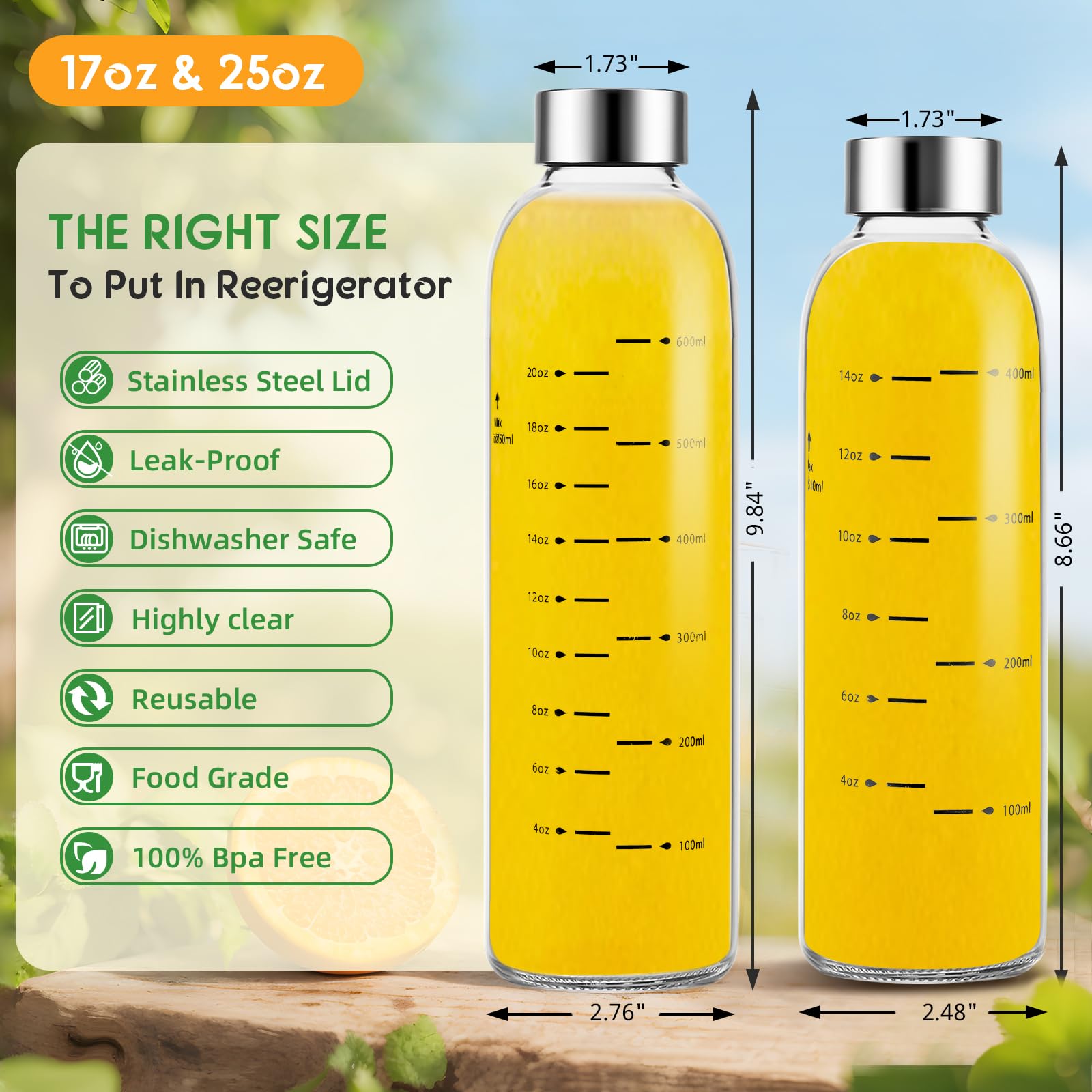 Glas-Saftflaschen mit Deckel, 750 ml, transparente Wasserflasche, Saftflaschen, wiederverwendbares Glas mit Edelstahlkappe, Trinkflaschen für Kühlschrank, 100 % auslaufsicher, BPA-frei, 6