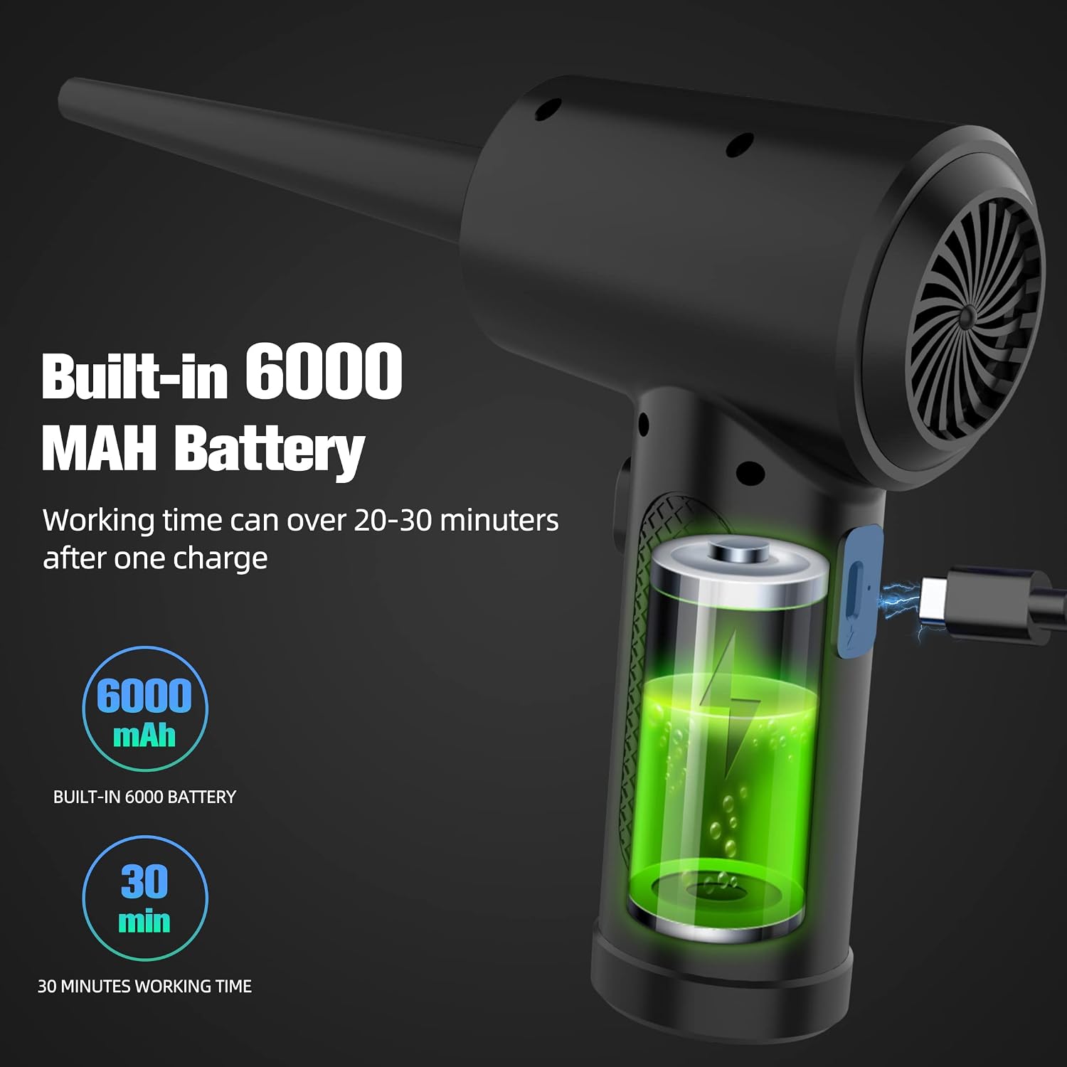 FFG Cordless Compressed Air Duster with LED Light - Portable and Powerful with 6000mAh Rechargeable Battery, 43000RPM-51000RPM for Quick and Efficient Computer and Keyboard Cleaning