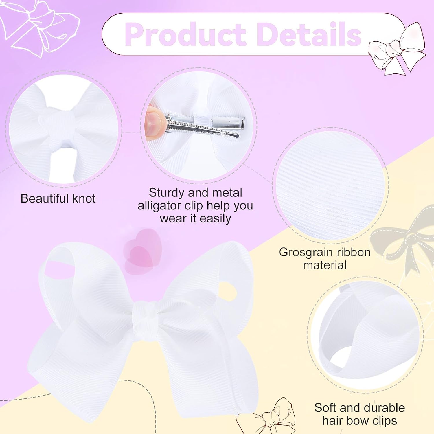 4 Inch Hair Bows,20 Pieces Hair Bows for Girls,Grosgrain Ribbon Hair Bow with Alligator Clips,White Bows Hair Accessories for Toddlers Baby Girls Kids Teens