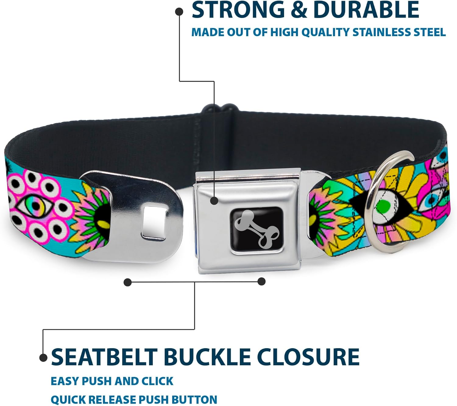 Buckle-Down Pet Collar, Dog Collar Metal Seatbelt Buckle, Funky Alien Flowers Aqua Blue Multi Color, 11 to 16.5 Inches 1.0 Inch Wide