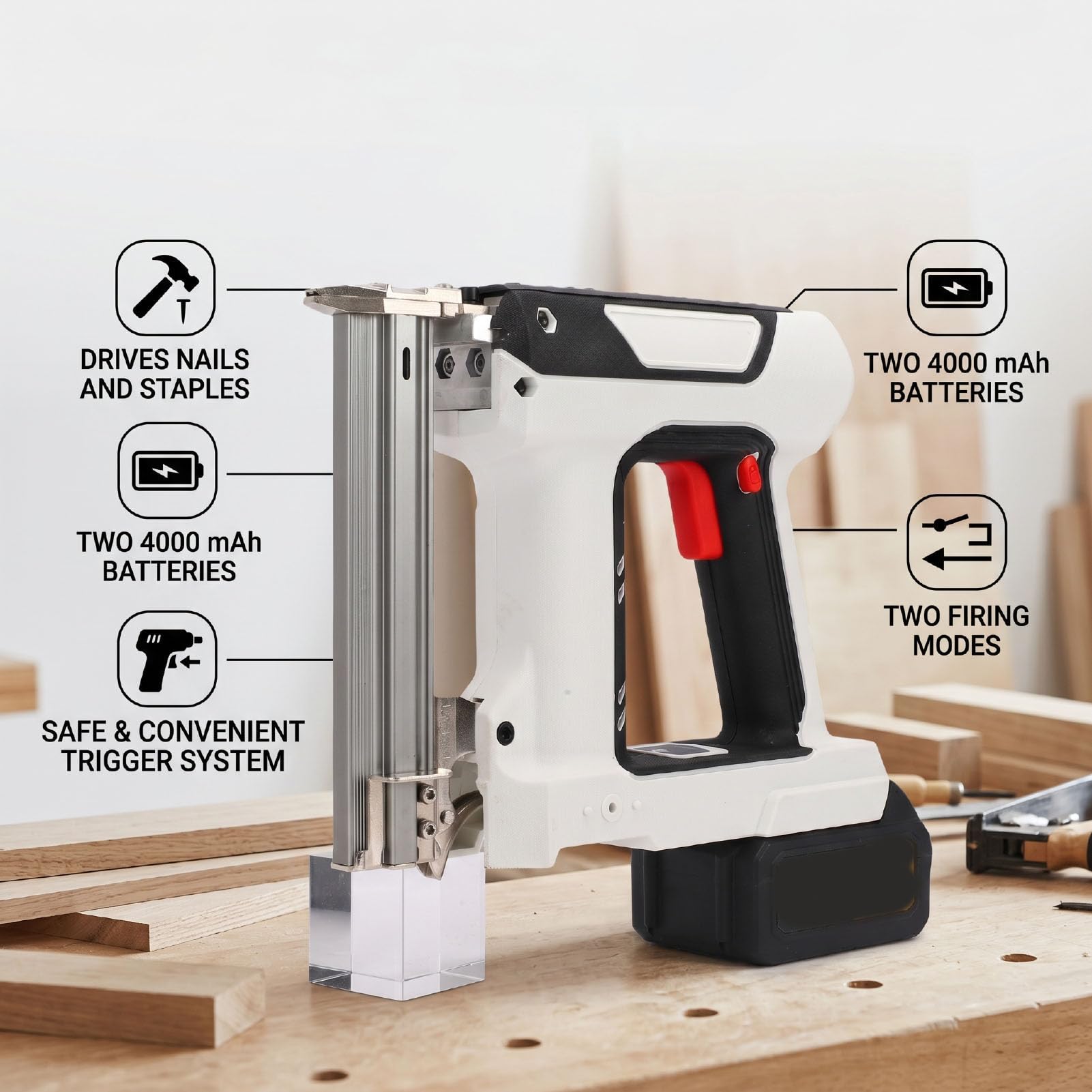 Pistola Grapadora 2 en 1 de Alta Resistencia, Clavadora Brad Inalámbrica con Cargador, Grapadora Eléctrica con Batería de 2x4,0 Ah para el Hogar, Madera, Tapicería, Bricolaje,