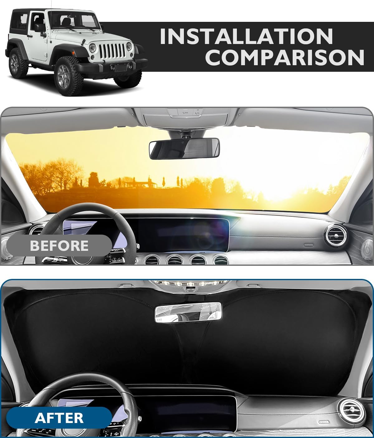 BIBLOZ Windshield Sun Shade for Jeep Wrangler TJ JK JL & 2020-2025 2026 Jeep Gladiator Foldable Accessories with Storage Pouch PET Reflective Material Sunshade Keeps The Car Cool Inside image 3