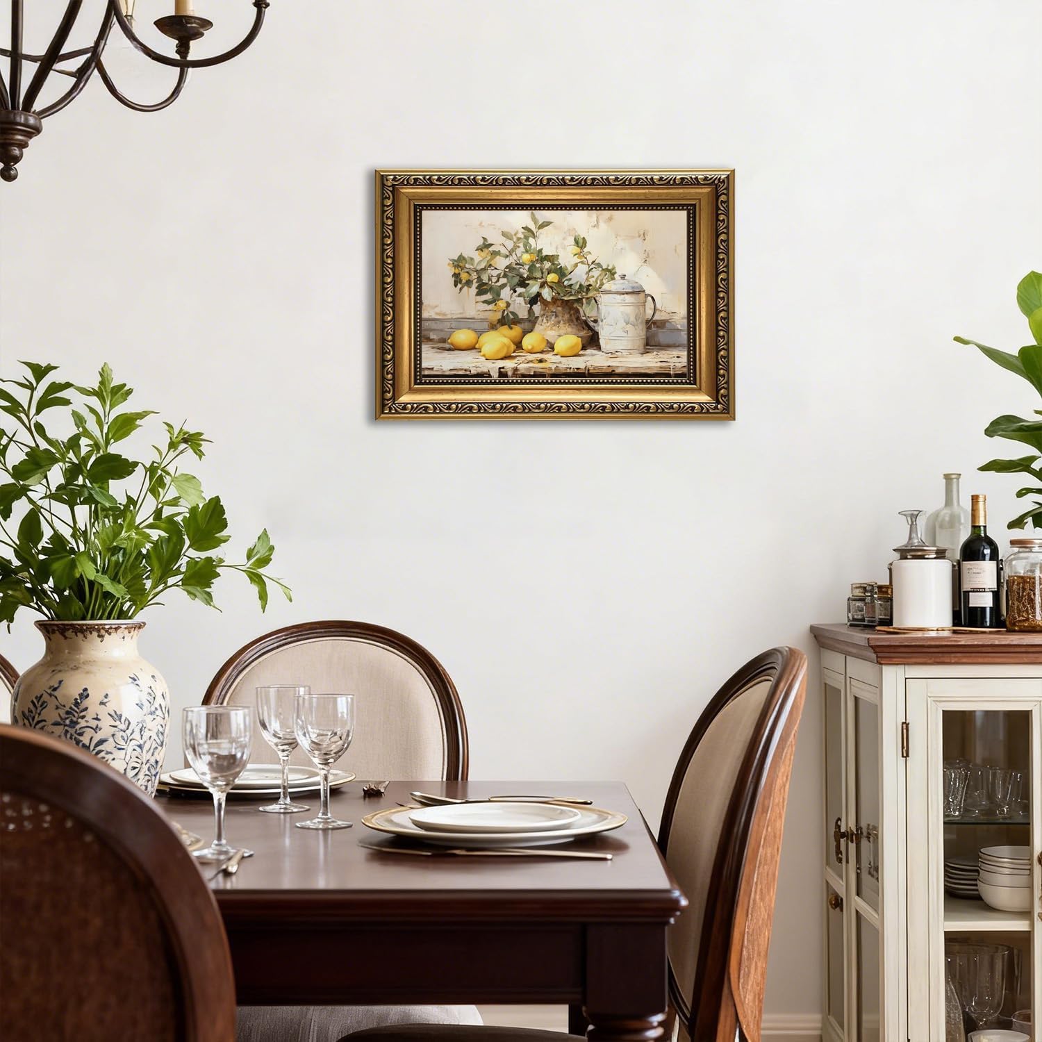 XLARTMY Vintage Gold Framed Kitchen Wall Art, Yellow Lemon Still Life Wall Decor Oil Painting Rustic Farmhouse Artwork Antique Fruit Vase Canvas Posters Prints Picture for Living Room Bedroom