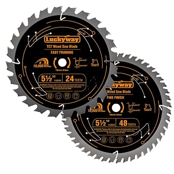 Luckyway 5 1/2 Inch Circular Saw Blade 10mm Arbor, with Tungsten Carbide Tip Teeth 24T Framing & 48T Fine Finish for Cutting Wood Plywood MDF Plastic Veneer Lumber Laminate