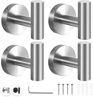 Towel Hooks for Bathrooms, 4 Pack Brushed Nickel Hook Coat Wall Mounted SUS304 Stainless Steel Robe Hanger For Bathroom, Kitchen, Hotel, Garage, Heavy Duty