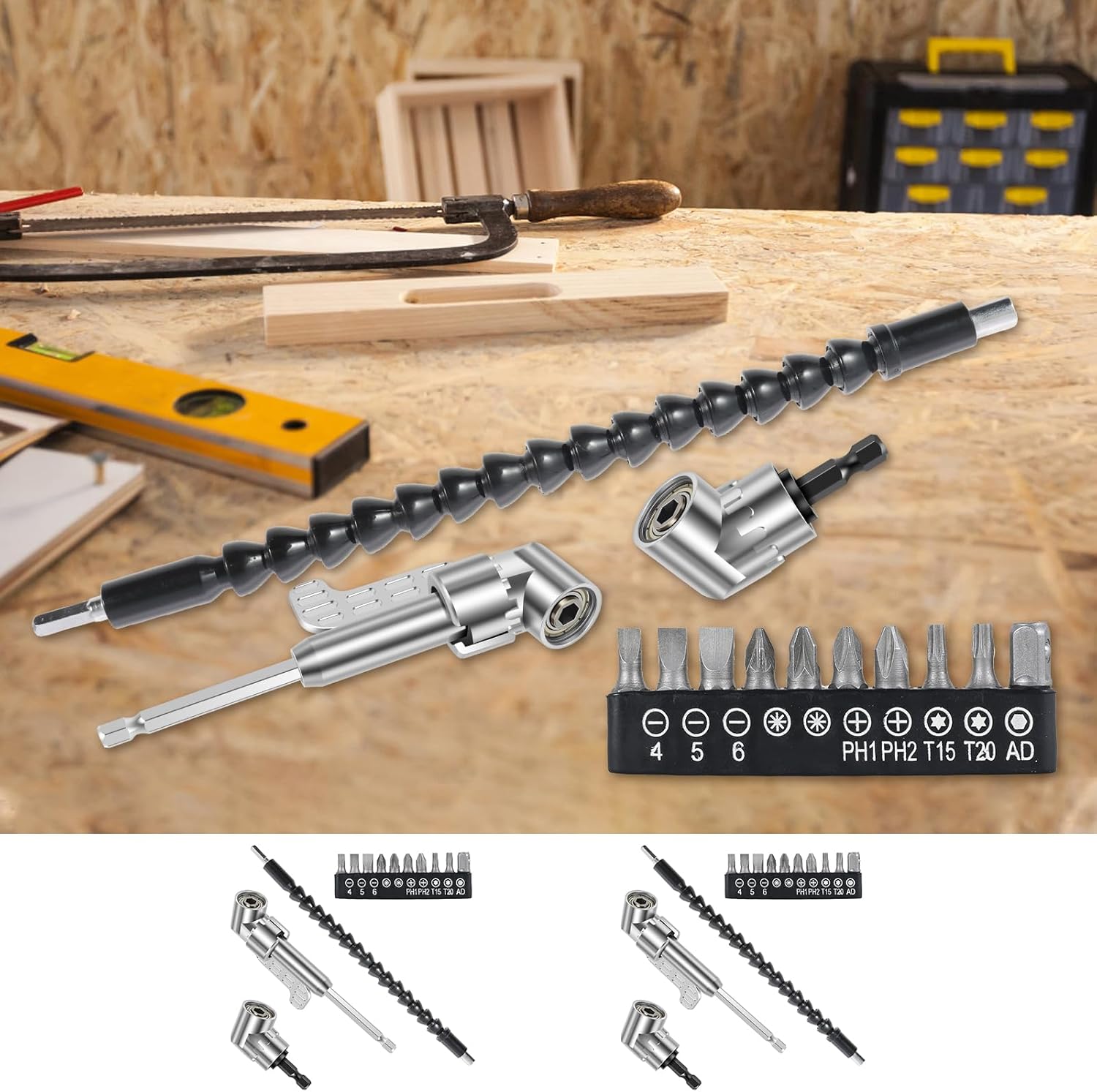 8Pcs 105 Degree Right Angle Drill Adapter Set Chrome Vanadium Steel 105° Right Angle Drill Attachment with Flexible Bit Extension and Bit Corner Tool Screw Hub for Tight Space(2 Set)