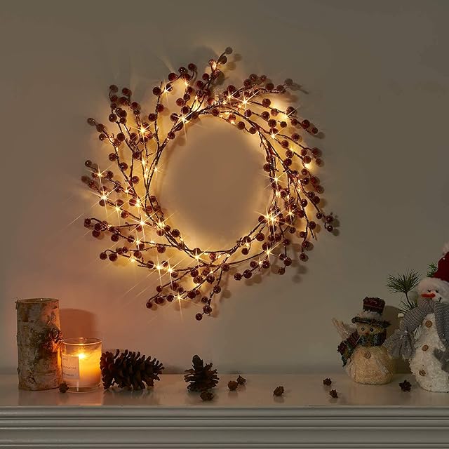 EAMBRITE Christmas Decorations 1.8m 88 LEDs Red Frosted Holly Berry Garland with Warm White Light Waterproof Vine with Lights for Indoor Outdoor Home Garden Party Decoration