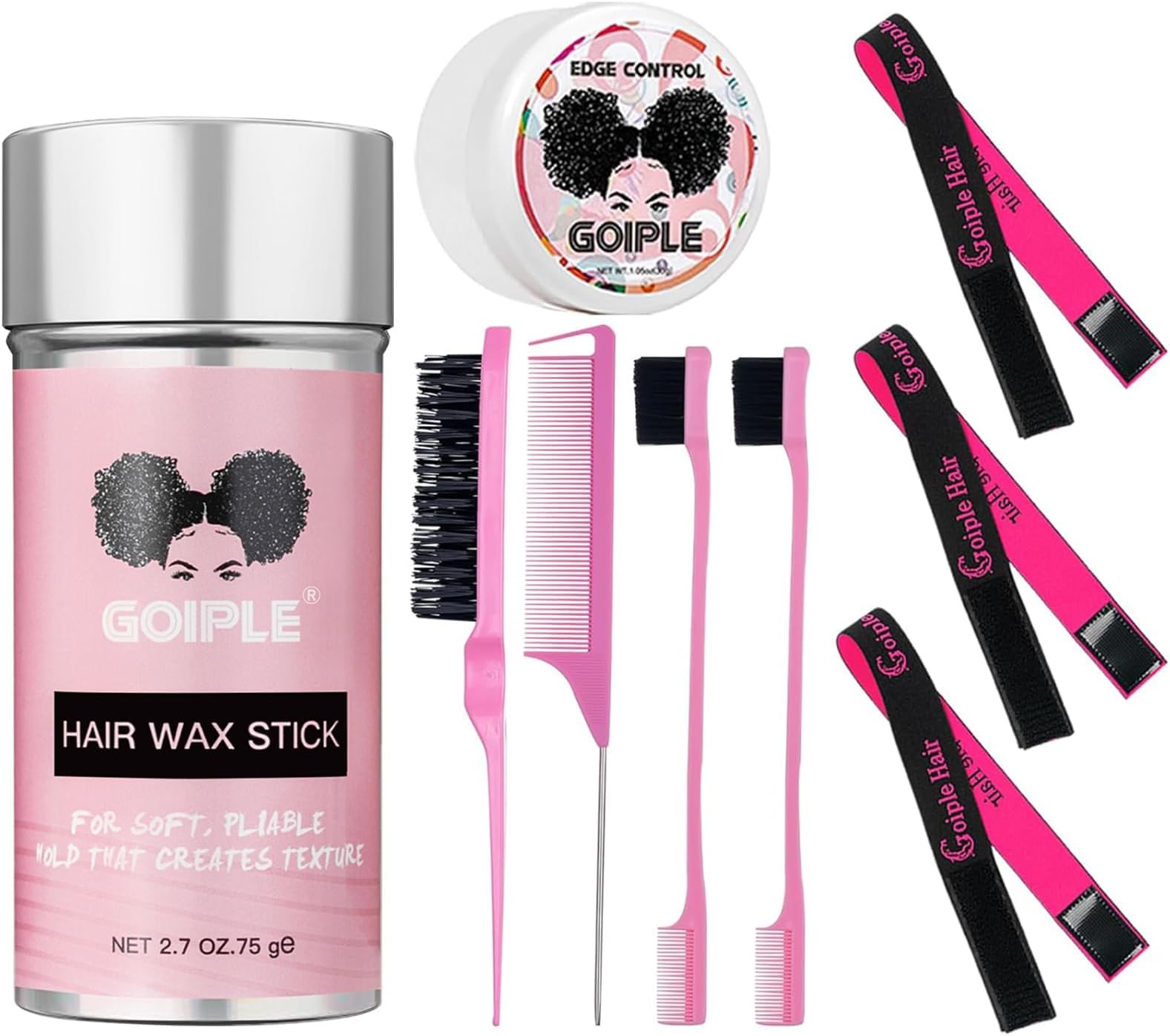 Goiple 3PCS Elastic Bands for Wig Edges - Adjustable Wig Band for Edges Wig Install Accessories with Pink set-9pcs Hair Wax Stick Set