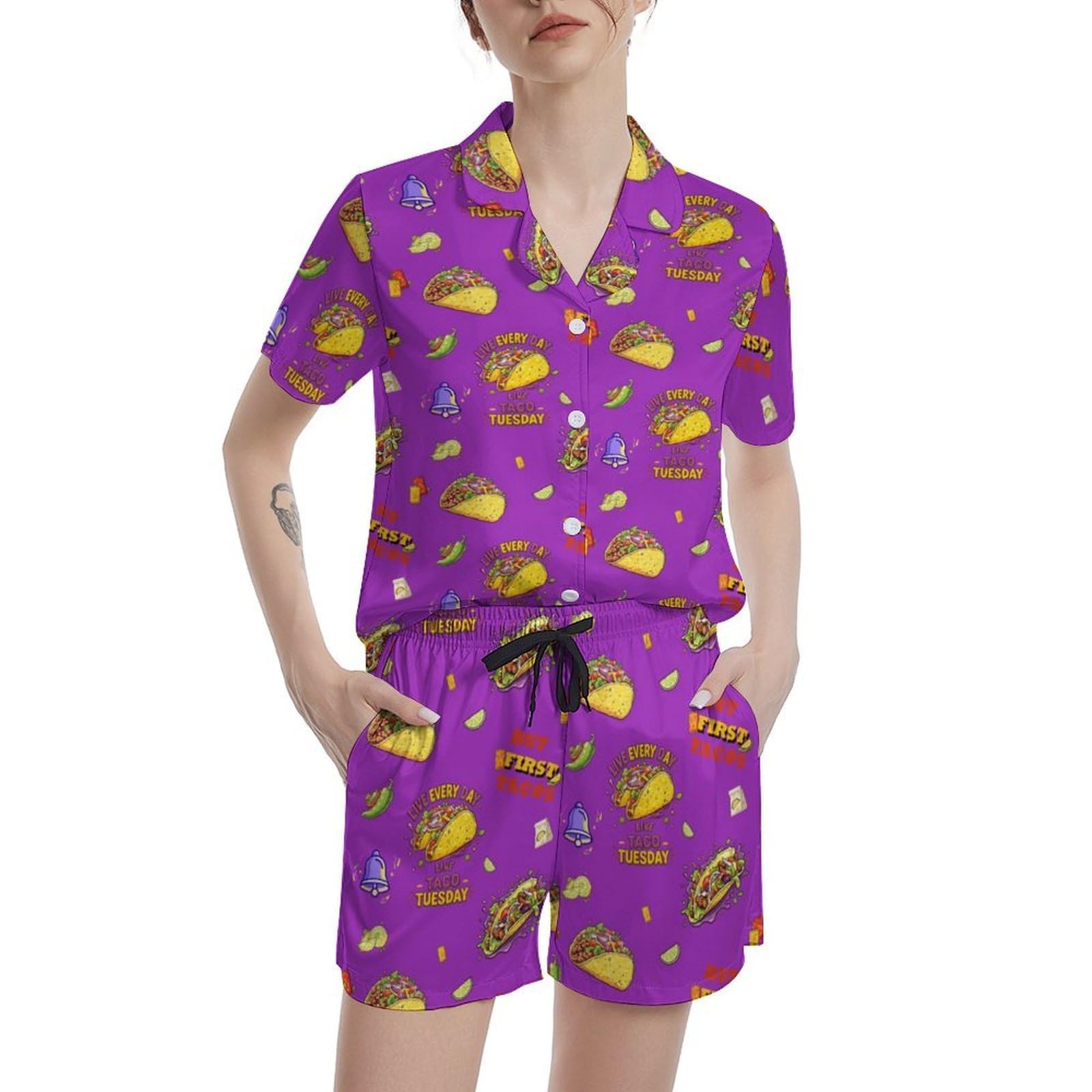 Funny Pajamas for Women Set Print Satin Loungewear Pjs Short Sleeve Button Down Top and Shorts Sets Sleepwear XS-3XL
