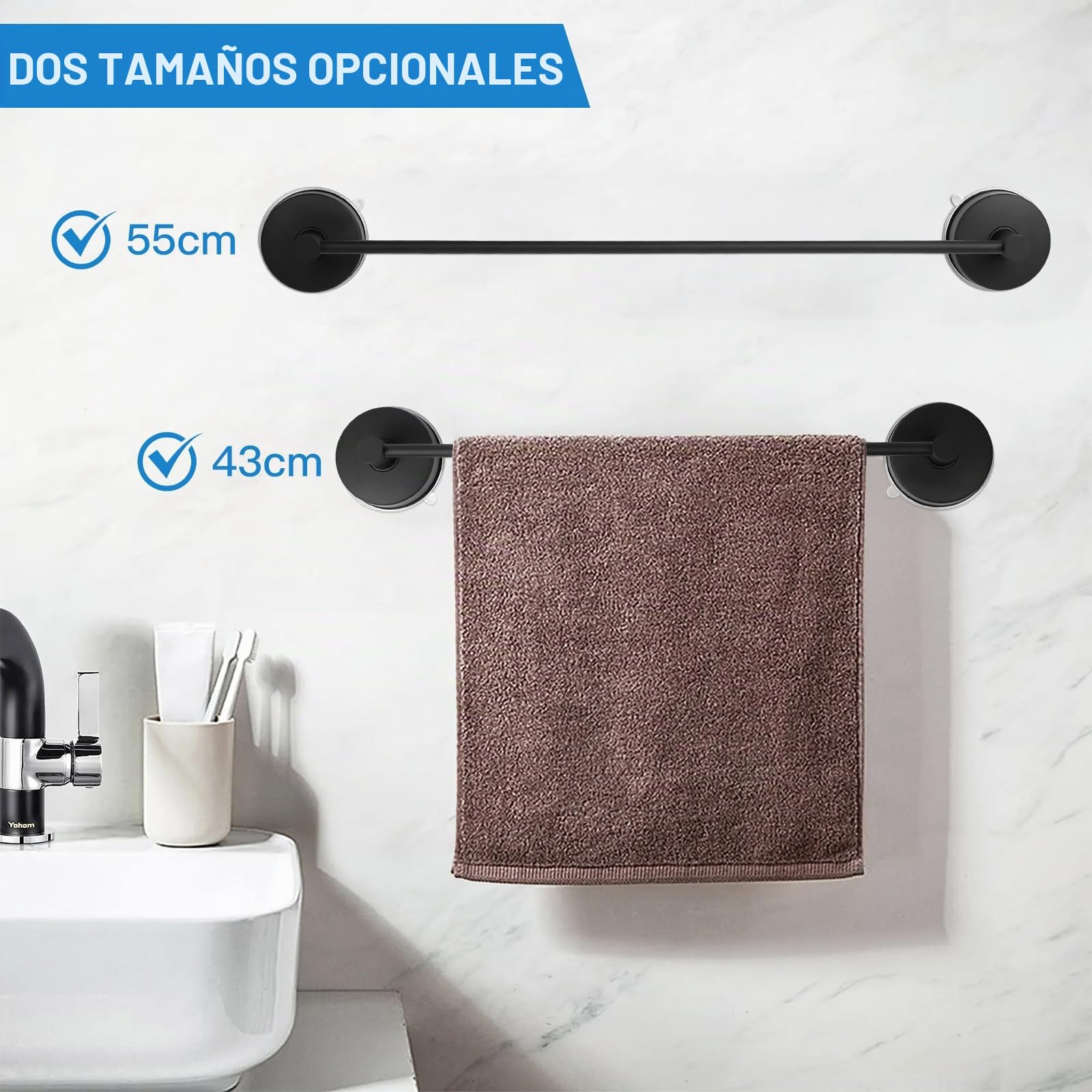 LALAGO 55cm Toallero de Ventosa de 304 Acero Inoxidable Ganchos de Succión Ventosas Sin Taladrar, Toallero de Baño Impermeable de Vacío Negro Capacidad de Carga 5KG/PC para la Pared de la Ducha
