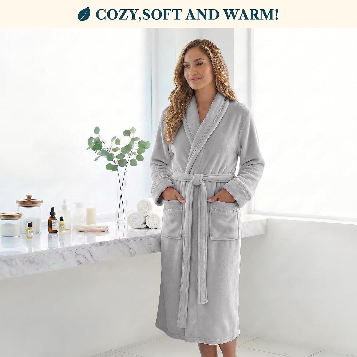 PAVILIA Womens Fleece Robe with Satin Trim, Plush Soft Long Spa Bathrobe, Cozy Shawl Collar Housecoat with Pockets
