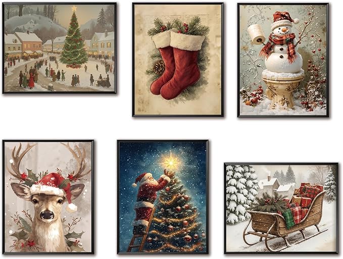 Yaneiro Vintage Christmas Wall Art, Christmas Aesthetic Home Decor 8x10 Inch, Santa Art Oil Painting, Winter Holiday Canvas Printed Posters Set Of 6 Unframed Christmas Tree Decorations