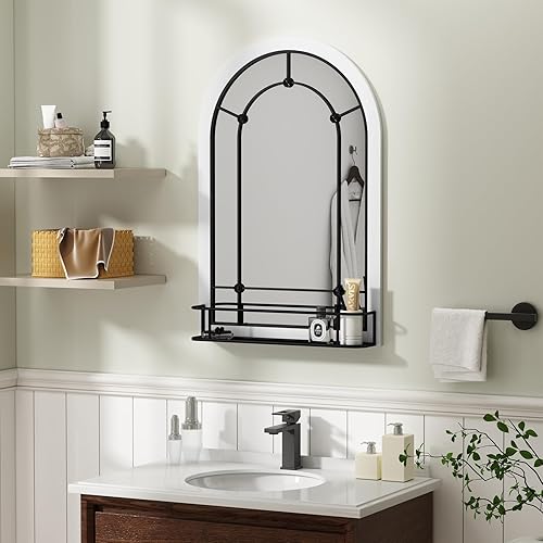Miniatura 5 de AZODY Espejo de pared de ventana arqueada con estante, espejo de entrada colgante blanco de 36 x 24 pulgadas, espejos decorativos para decoración de