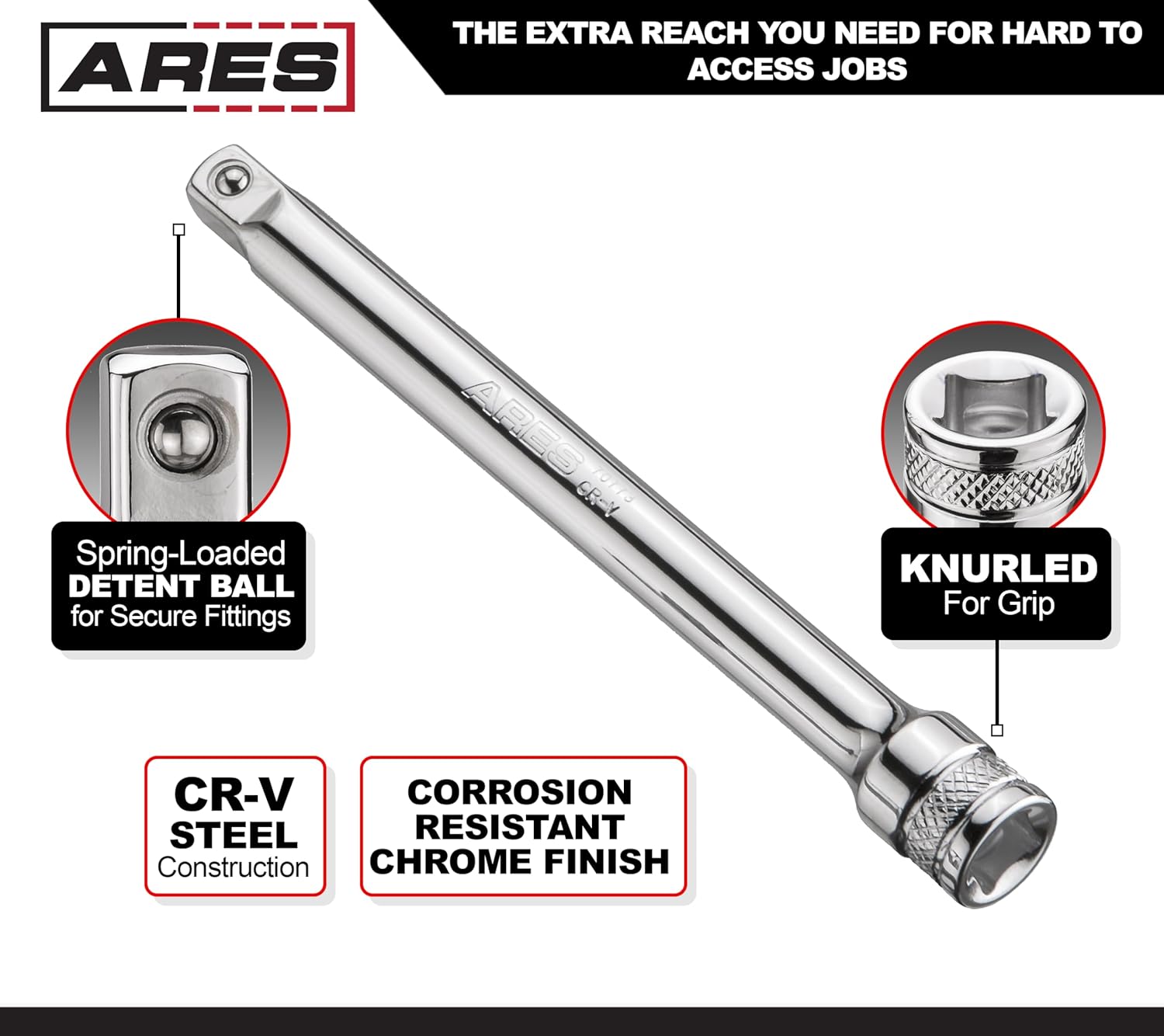 ARES 70244-4-Piece 3/8-Inch Drive Socket Extension Set - Includes 1 3/4-Inch, 3-Inch, 6-Inch and 8-Inch Extensions - Premium Chrome Vanadium Steel with Mirror Finish