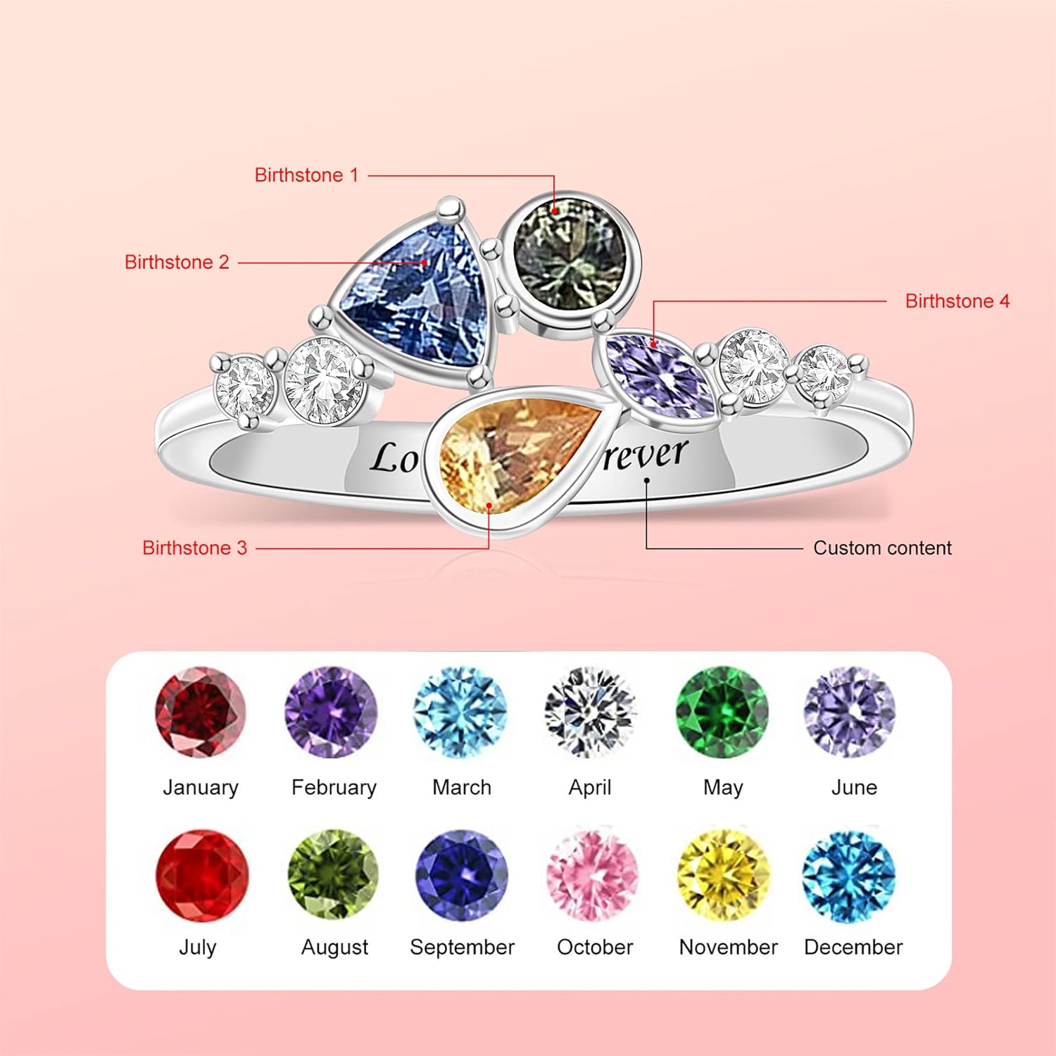 Custom Mom Rings with Birthstones Mothers Rings with 1/2/3/4/5/6/7/8 Birthstones Ring Multi Stone Ring Christmas Mother's Day Gifts for Women