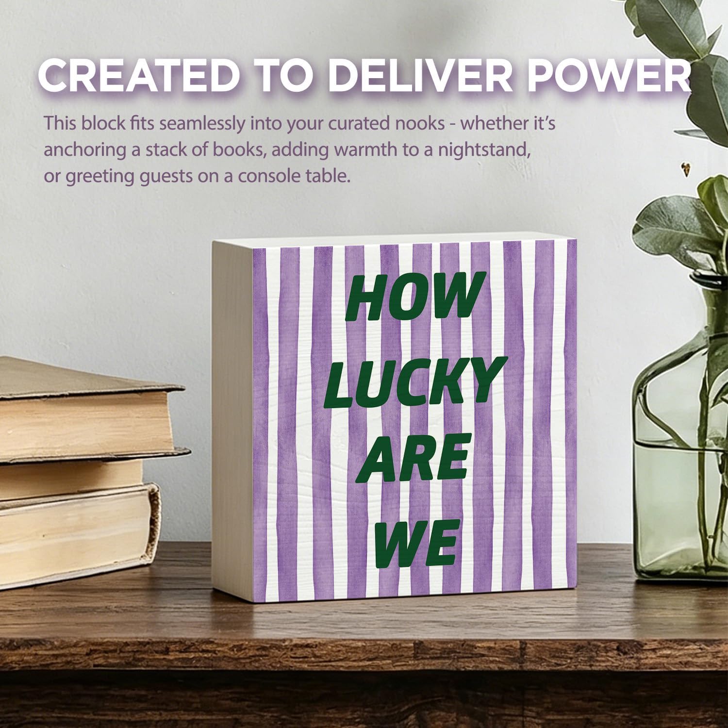 Striped How Lucky Are We Wood Box Sign Desk Decor, Family Love Gratitude Gifts for Housewarming Wedding Anniversary Birthday, Modern Gratitude Wooden Sign for Home Living Room Shelf Entryway Decor image 3