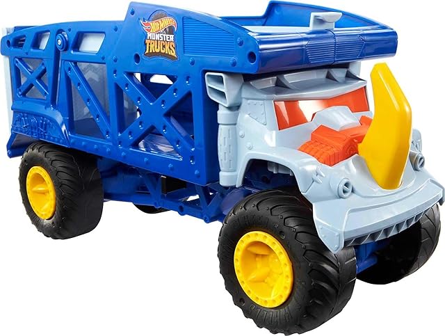 Hot Wheels Monster Trucks Transporter Nosorożec, zabawkowy transporter z rampą i miejscem na 12 pojazdów Monster Trucks w skali 1:64 lub 32 samochodzików HWs w skali 1:64, od 3 lat, HFB13