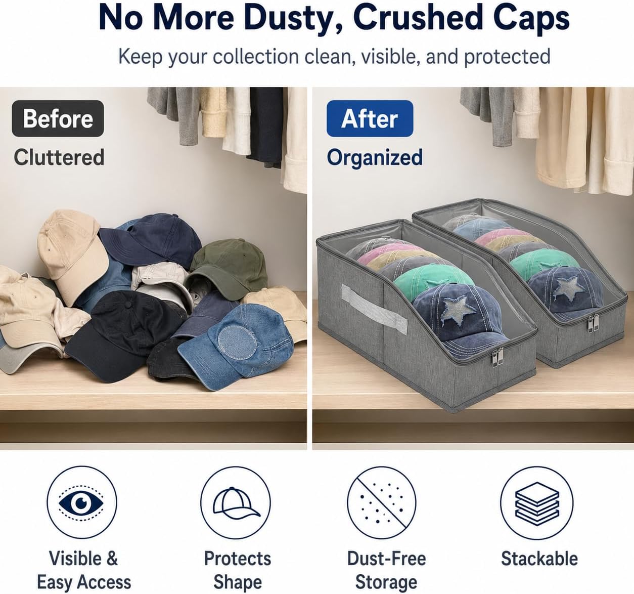 2 PCS Stackable Hat Organizer for Baseball Caps, Hat Storage Holder Holds up to 24 Caps for Closet/Shelf, Hat Box Holder with Clear Window Lid And Sturdy Cardboard, for Closet Bedroom Shelf (Grey)