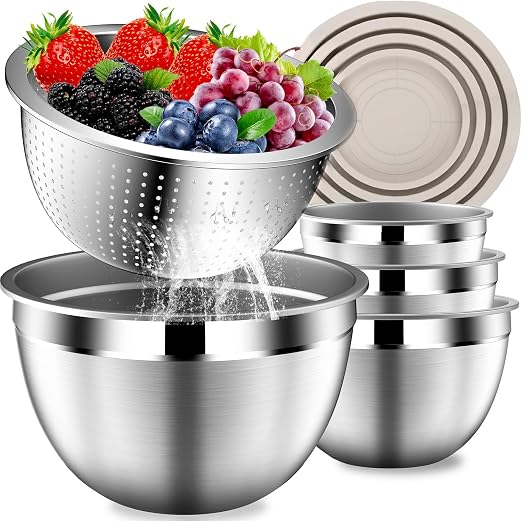 Stainles Steel Mixing Bowls with Lids Set, Stackable Metal Mixing & Serving Bowl with Strainer, 5-Piece - Beige