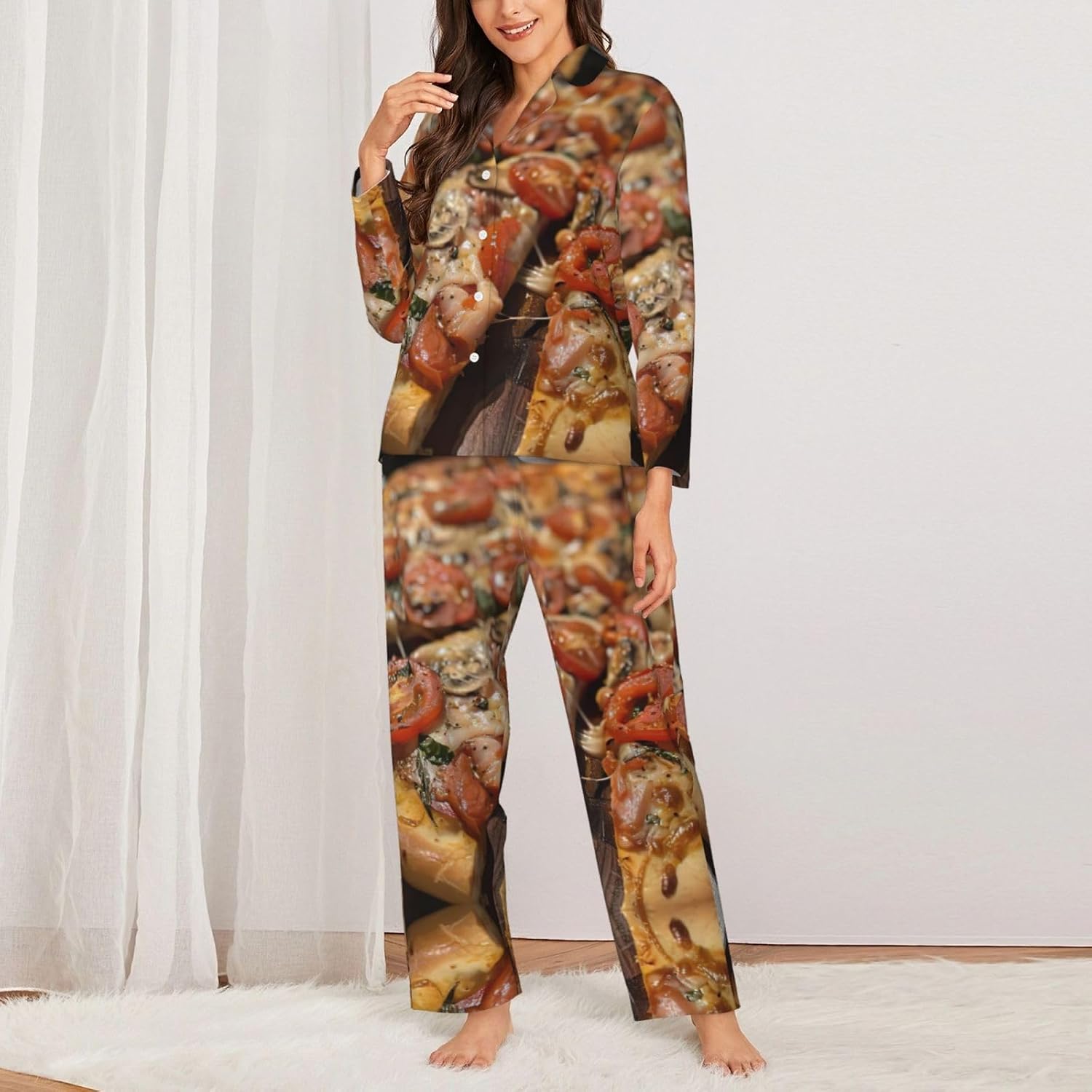 Tasty Pizza Print Christmas Pajamas For Women,Matching Pajama Sets,For Holiday And Thanksgiving