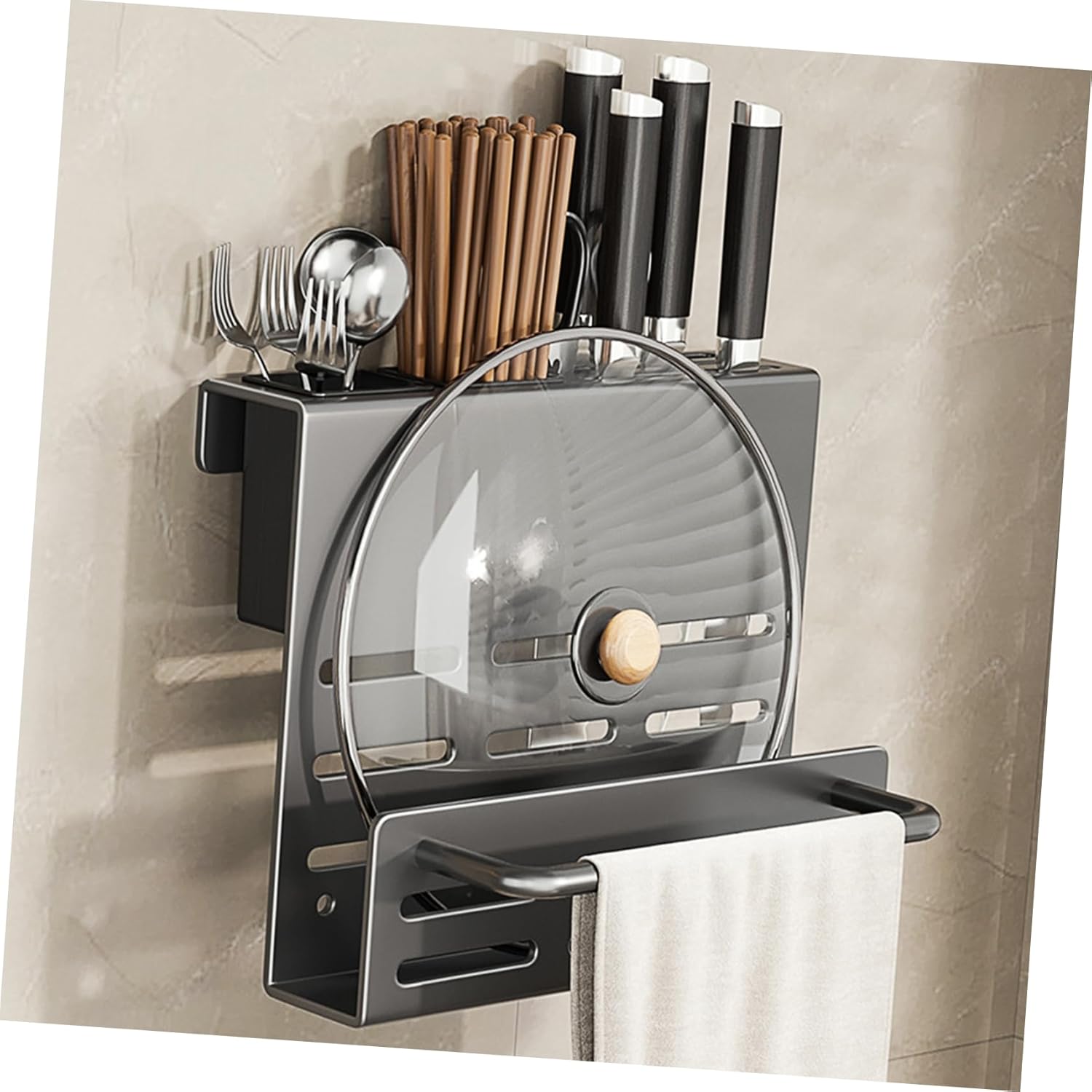 ABOOFAN Multi Function Kitchen Utensil Holder Wall Mount Cutting Board and Chopstick Organizer Stylish and Space Saving Design for Spoons Forks and Cooking Tools