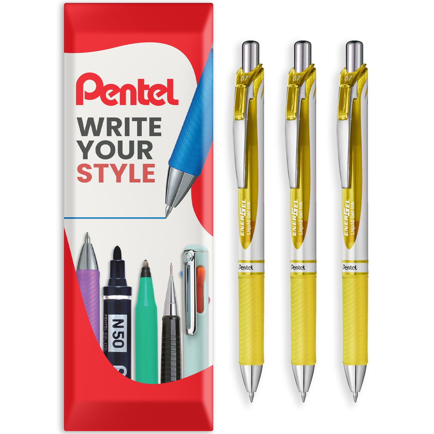 Pentel EnerGel XM BL77 - Retractable Liquid Gel Ink Pen - 0.7mm - 54% Recycled - In Envelope Gift Packaging - Pack of 3 - Yellow